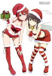  2girls absurdres bell bent_over boots box breasts brown_eyes brown_hair chiba_erika choker christmas cleavage closed_mouth collar collarbone crop_top full_body fur-trimmed_boots fur-trimmed_gloves fur-trimmed_headwear fur-trimmed_shorts fur-trimmed_skirt fur_trim gift gift_box gloves hat head_tilt highres holding holding_box kitayama_shizuku looking_at_viewer mahouka_koukou_no_rettousei medium_breasts megami_magazine midriff miniskirt multiple_girls navel neck_bell official_art pencil_skirt red_choker red_eyes red_footwear red_gloves red_hair red_headwear red_shorts red_skirt santa_hat short_hair short_hair_with_long_locks short_shorts shorts sidelocks simple_background skirt smile standing stomach strapless striped_clothes striped_legwear striped_thighhighs thigh_boots thighhighs white_background wrist_cuffs yonezawa_masaru zettai_ryouiki  rating:Sensitive score:66 user:danbooru