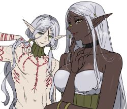 1boy 1girl absurdres arm_tattoo breasts chest_tattoo choker cithis cleavage dark-skinned_female dark_elf dark_skin dress dungeon_meshi elf facial_mark forehead_mark gorget hair_around_ear hair_tubes highres long_hair looking_at_viewer low_twintails lycion navel notched_ear oejikim pointy_ears smile strapless strapless_dress tattoo topless_male twintails white_dress 