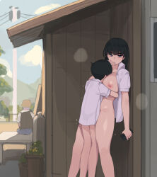  1girl 2boys age_difference ass blunt_bangs bottomless breasts brother_and_sister clothed_female_nude_male elder_sister_(pepper0) exhibitionism height_difference hetero highres holding hug incest large_breasts multiple_boys nipples nude old old_man onee-shota open_clothes open_shirt original outdoors pepper0 public_indecency public_nudity sex shirt short_sleeves shota siblings sister_(pepper0) standing standing_missionary standing_sex stealth_sex sweat white_shirt  rating:Explicit score:1101 user:danbooru