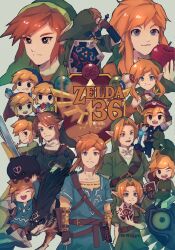  6+boys absurdres animal anniversary apple blonde_hair blue_eyes blue_tunic brown_gloves brown_hair brown_pantyhose closed_mouth collarbone copyright_name ezlo fairy food fruit gauntlets gloves grey_background highres holding holding_animal holding_food holding_fruit holding_mask holding_shield holding_sword holding_weapon hylian_shield link majora_(entity) male_focus mask mask_of_truth multiple_boys multiple_persona navi nintendo open_mouth pantyhose pointy_ears red_apple rupee_(zelda) sheikah_slate shield shield_on_back short_hair sidelocks smile sword teeth the_legend_of_zelda the_legend_of_zelda:_a_link_to_the_past the_legend_of_zelda:_breath_of_the_wild the_legend_of_zelda:_four_swords the_legend_of_zelda:_majora&#039;s_mask the_legend_of_zelda:_ocarina_of_time the_legend_of_zelda:_oracle_of_ages the_legend_of_zelda:_oracle_of_seasons the_legend_of_zelda:_skyward_sword the_legend_of_zelda:_spirit_tracks the_legend_of_zelda:_the_minish_cap the_legend_of_zelda:_the_wind_waker the_legend_of_zelda:_twilight_princess the_legend_of_zelda_(nes) toon_link upper_teeth_only weapon weapon_on_back wolf_link yyu_pu 