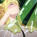  10s animated anime_screenshot blonde_hair blush breast_sucking breast_sucking_through_clothes breasts centaur centorea_shianus closed_eyes covering_own_mouth double_breast_sucking drooling forced highres large_breasts monster_girl monster_musume_no_iru_nichijou necktie nipples pointy_ears ponytail saliva saliva_trail sexually_suggestive slime_girl stitched suu_(monster_musume) taur tentacles third-party_edit video wet wet_clothes yuri  rating:Explicit score:55 user:RKGS
