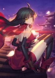  1girl ahoge architecture backless_outfit black_hair east_asian_architecture fate/grand_order fate_(series) joints katou_danzou_(fate) long_hair looking_at_viewer looking_back official_art petals robot_joints rooftop sitting solo sunrise yangsion  rating:Sensitive score:18 user:danbooru