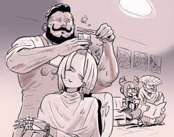  2boys 2girls a.k.i._(street_fighter) adon_(street_fighter) beard birdie_(street_fighter) cutting_hair earrings facial_hair guile hair_horns hairdressing han_juri hand_in_another&#039;s_hair highres holding_another&#039;s_hair jewelry kangyaku mole mole_under_mouth monochrome multiple_boys multiple_girls mustache scissors sitting smile street_fighter street_fighter_6 