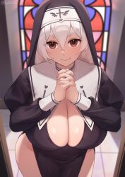  1girl black_dress black_headwear blush breasts brown_eyes cleavage cleavage_cutout clothing_cutout covered_navel dress habit highres iwbitu large_breasts long_hair long_sleeves looking_at_viewer nun nyopu original own_hands_clasped own_hands_together pelvic_curtain smile solo stained_glass white_hair wide_hips window  rating:Sensitive score:26 user:danbooru