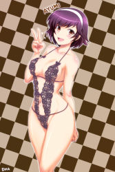  1girl artist_name breasts brown_eyes character_name checkered_background dha hairband highres kami_nomi_zo_shiru_sekai lingerie navel open_mouth purple_hair short_hair smile solo takahara_ayumi underwear underwear_only v  rating:Questionable score:51 user:danbooru