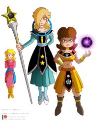 3girls blonde_hair blue_eyes breasts brooch brown_hair cosplay crossover dragon_ball dragon_ball_super earrings energy_ball floating flower full_body hair_over_one_eye hand_on_own_hip highres jewelry long_hair looking_at_another looking_at_viewer mario_(series) medium_breasts midriff multiple_girls navel nervous niban-destikim nintendo princess_daisy princess_peach rosalina smile smug staff