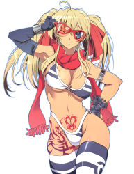 1girl adjusting_eyewear ahoge arm_up armpits bare_shoulders bikini black_gloves blonde_hair blue_eyes breasts cowboy_shot elbow_gloves glasses gloves hand_on_own_hip heart heart_tattoo highleg highleg_bikini highres leg_tattoo long_hair medium_breasts o-ring o-ring_bikini one_eye_closed original pubic_tattoo rakko_(r2) simple_background skindentation solo striped_clothes striped_thighhighs sunglasses swimsuit tattoo thighhighs white_background rating:Sensitive score:57 user:danbooru