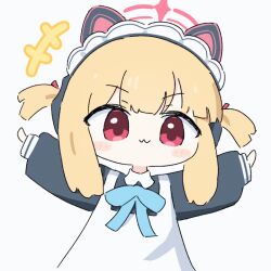  1girl :3 animal_ear_headphones animal_ears animated animated_gif apron blonde_hair blue_archive blue_ribbon blush_stickers cat_ears chibi closed_mouth commentary dress fake_animal_ears halo headphones long_sleeves looking_at_viewer maid_headdress momoi_(blue_archive) momoi_(maid)_(blue_archive) neck_ribbon no_nose outstretched_arms pink_halo red_eyes ribbon short_twintails sidelocks solo twintails umihio upper_body white_apron 
