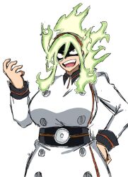  1girl artist_request belt belted_dress boku_no_hero_academia breasts burnin_(boku_no_hero_academia) buttons clenched_hands collared_dress crazy_eyes double-breasted dress evil_smile eye_mask eyebrows_visible_through_mask fangs female_focus fiery_hair fire gradient_hair green_fire green_hair hair_between_eyes hair_ornament hairband hand_on_own_hip hand_up highres jacket kamiji_moe large_breasts long_bangs long_hair long_sleeves looking_up mask multicolored_hair neck open_mouth ponytail red_hairband side_slit sidelocks simple_background smile standing suit_jacket tight_clothes tight_dress v-shaped_eyebrows white_background wide_hips wide_ponytail yellow_eyes 