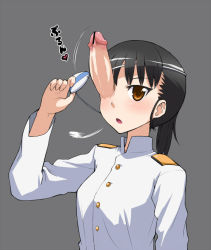  1futa :o bad_id bad_pixiv_id bar_censor black_hair blush brown_eyes censored cyclops ereraero eyepatch futanari grey_background huh looking_at_viewer military military_uniform misplaced_genitals motion_lines one-eyed open_mouth penis ponytail sakamoto_mio simple_background solo strike_witches translated undressing uniform unworn_eyepatch upper_body what world_witches_series  rating:Explicit score:49 user:danbooru