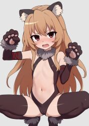 1girl aisaka_taiga animal_ear_fluff animal_ears armpits blush brown_eyes brown_hair cameltoe cleft_of_venus commentary cosplay detached_sleeves embarrassed english_commentary fake_animal_ears fang fate/kaleid_liner_prisma_illya fate_(series) feet_out_of_frame female_focus frown fur_trim halterneck highres illyasviel_von_einzbern illyasviel_von_einzbern_(beast_style) illyasviel_von_einzbern_(beast_style)_(cosplay) loli long_hair looking_at_viewer mikoscrub navel open_mouth paw_pose shadow sidelocks simple_background solo spread_legs squatting stomach thighhighs thighs toradora! very_long_hair white_background rating:Questionable score:327 user:danbooru