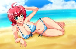  1girl aqua_eyes arm_support beach bikini blue_eyes borrowed_character breasts curvy day front-tie_top hip_focus huge_breasts legs lilia_(master_64) looking_at_viewer lying narrow_waist open_mouth original pink_hair red_hair short_hair side-tie_bikini_bottom sigurd_hosenfeld solo striped_bikini striped_clothes swimsuit wide_hips  rating:Questionable score:67 user:2nnt
