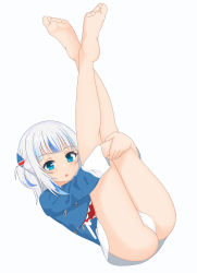 1girl :o absurdres amrb animal_hair_ornament ass bare_legs barefoot blue_eyes blue_hair blue_hoodie blush embarrassed feet full_body gawr_gura hair_ornament highres holding holding_legs hololive hololive_english hood hoodie legs legs_up long_sleeves looking_at_viewer lying multicolored_hair on_back open_mouth panties presenting presenting_pussy sexually_suggestive shark_hair_ornament short_hair simple_background soles solo streaked_hair thighs toe_scrunch toes two_side_up underwear virtual_youtuber white_background white_hair white_panties rating:Questionable score:89 user:danbooru