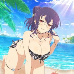 1girl bare_back bare_hips bare_legs bare_shoulders barefoot beach bikini black_bikini breasts cleavage feet female_focus front-tie_bikini_top front-tie_top glasses hand_on_hair huge_breasts jewelry kneeling large_breasts legs looking_at_viewer necklace purple_hair red_eyes senran_kagura sexually_suggestive short_hair side-tie_bikini_bottom smile solo rin_(senran_kagura) swimsuit thick_thighs thighlet thighs wet rating:Explicit score:46 user:AJS28