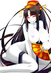  1girl black_hair breasts colored_skin demon_girl hand_fan highres huge_breasts legs long_hair looking_at_viewer naughty_face nipples nude original pointy_ears pure_white_demon_(succubus_prison) shiki_(psychedelic_g2) simple_background smile solo thighs third_eye very_long_hair white_background white_skin  rating:Questionable score:134 user:danbooru