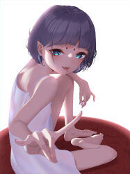  1girl absurdres aqua_eyes barefoot blunt_bangs blush butterfly_sitting commentary covered_erect_nipples dice dress fangs fox_shadow_puppet g2_xpf highres holding_dice loli looking_at_viewer no_bra on_floor original pointy_ears purple_hair short_hair simple_background sitting solo spaghetti_strap symbol-only_commentary tongue tongue_out white_background white_dress 