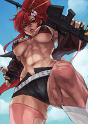 1girl abs absurdres ahoge anti-materiel_rifle belt bikini bikini_top_only black_gloves black_shorts bomber_jacket breasts brown_jacket cloud cloudy_sky commentary covered_erect_nipples day english_commentary eyelashes eyeliner fingerless_gloves flame_print from_below gloves gluteal_fold gun hair_between_eyes hair_ornament high_ponytail highres holding holding_gun holding_weapon jacket large_breasts lips long_hair looking_to_the_side makeup mascara micro_bikini monori_rogue muscular muscular_female navel nose off-shoulder_jacket off_shoulder pink_thighhighs red_hair rifle short_shorts shorts skull_hair_ornament sky sniper_rifle solo spaghetti_strap strap studded_belt swimsuit tengen_toppa_gurren_lagann thick_thighs thighhighs thighs torn_clothes torn_thighhighs underboob untying weapon yellow_eyes yoko_littner rating:Questionable score:52 user:danbooru