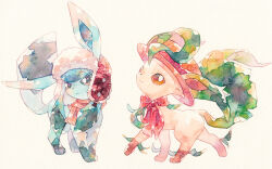  brown_eyes closed_mouth clothed_pokemon creatures_(company) game_freak gen_4_pokemon glaceon hat leafeon looking_to_the_side nintendo no_humans oharu-chan orange_hat orange_scarf painting_(medium) pokemon pokemon_(creature) scarf smile standing toes traditional_media walking watercolor_(medium) white_background 