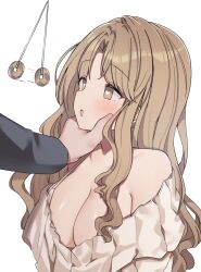  1girl aa211108 bare_shoulders blush breasts brown_eyes brown_hair brown_shirt cleavage collarbone hand_on_another&#039;s_face heart heart-shaped_pupils highres holding_pendulum hypnosis ichikawa_hinana idolmaster idolmaster_shiny_colors long_hair medium_breasts mind_control open_mouth parted_bangs shirt symbol-shaped_pupils wavy_hair 