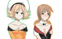 beret breasts brown_hair cleavage eika_ceoil eika_sachi flat_chest green_eyes hat headset microphone siblings sister twintails utau vocaloid  rating:Sensitive score:0 user:flutechan