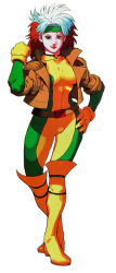 10s 1990s_(style) 1girl animification belt bengus bodysuit boots breasts capcom cropped_jacket gloves green_eyes hand_on_own_hip headband jacket knee_boots long_hair marvel multicolored_hair official_art red_hair retro_artstyle rogue_(x-men) simple_background smile solo two-tone_hair white_background white_hair x-men x-men_vs._street_fighter x-men_vs_street_fighter 