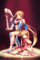 2girls anklet armband barefoot belt bikini blue_eyes bracelet breasts brown_hair center_opening cleavage dress earrings green_eyes hand_on_another&#039;s_head harp heterochromia high_heels highres instrument jewelry large_breasts legs long_hair looking_at_viewer lots_of_jewelry luupechi multiple_girls o-ring o-ring_top original parted_lips ponytail red_bikini shoes siblings sisters sitting smile swimsuit thighs twins twintails very_long_hair vest yuki_(luupechi) yuri_(luupechi) rating:Sensitive score:43 user:danbooru