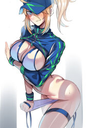  1girl ahoge artoria_pendragon_(fate) ass ayakumo baseball_cap bikini blonde_hair blue_eyes blue_hat blue_jacket blush breasts butt_crack cleavage cropped_jacket fate/grand_order fate_(series) grin hair_between_eyes hair_through_headwear hat jacket large_breasts long_hair long_sleeves looking_at_viewer mysterious_heroine_x_(fate) mysterious_heroine_xx_(fate) navel ponytail revision shrug_(clothing) sidelocks smile solo swimsuit thighs white_bikini wristband 