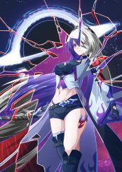  1girl absurdres acheron_(honkai:_star_rail) asymmetrical_footwear black_choker black_gloves black_hole black_shorts boots breasts chain choker cleavage coat coattails crack cracked_glass detached_sleeves glass_shards gloves hair_over_one_eye highres honkai:_star_rail honkai_(series) leg_tattoo long_hair midriff multicolored_hair navel official_alternate_hair_color purple_eyes purple_hair red_eyes scabbard schnuz sheath sheathed short_shorts shorts single_bare_shoulder solo stomach streaked_hair sword tattoo thigh_boots weapon white_coat white_hair 