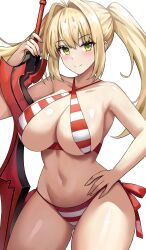  1girl absurdres aestus_estus bikini blonde_hair breasts criss-cross_halter fate/grand_order fate_(series) green_eyes hair_intakes halterneck hand_on_own_hip highres holding holding_sword holding_weapon jasony large_breasts long_hair looking_at_viewer navel nero_claudius_(fate) nero_claudius_(fate)_(all) nero_claudius_(swimsuit_caster)_(fate) side-tie_bikini_bottom smile solo striped_bikini striped_clothes swimsuit sword twintails weapon white_background 