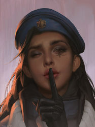  1girl aged_down ana_(overwatch) backlighting beret black_gloves brown_eyes brown_hair c_home captain_amari dark-skinned_female dark_skin eyebrows eyepatch eyeshadow facial_mark facial_tattoo finger_to_mouth gloves hat lips long_hair looking_at_viewer makeup mole mole_under_eye nose official_alternate_costume overwatch overwatch_1 photorealistic portrait realistic shushing smile solo tattoo  rating:Sensitive score:44 user:danbooru