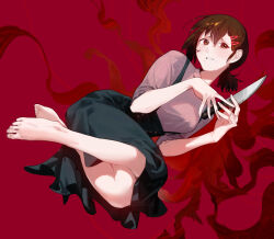 1girl breasts brown_eyes brown_hair chainsaw_man full_body green_skirt hair_ornament hairclip higashiyama_kobeni highres holding holding_knife knife long_sleeves looking_at_viewer mole mole_under_mouth open_mouth raneblu red_background shirt shirt_tucked_in short_hair short_ponytail skirt small_breasts solo suspender_skirt suspenders sweat teeth toes white_shirt 