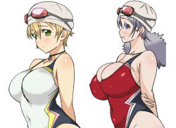  2girls arms_behind_back ass blonde_hair blue_eyes blush boku_to_misaki-sensei breasts bursting_breasts character_sheet competition_swimsuit concept_art earrings goggles green_eyes huge_breasts jewelry large_breasts looking_at_viewer misaki-sensei misaki_to_mika-sensei multiple_girls navel necklace official_art one-piece_swimsuit production_art shiny_skin short_hair silver_hair smile standing swimsuit takami_akio  rating:Sensitive score:138 user:Roliio