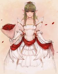  1girl absurdres artist_name bad_id bad_tumblr_id bare_shoulders bouquet bride collarbone commentary dress elbow_gloves elf fire_emblem fire_emblem_heroes flower gloves green_eyes green_hair highres long_hair looking_at_viewer matilda_fiship nintendo pointy_ears ponytail smile solo tiki_(adult)_(fire_emblem) tiki_(fire_emblem) wedding_dress white_dress white_gloves  rating:Sensitive score:24 user:danbooru