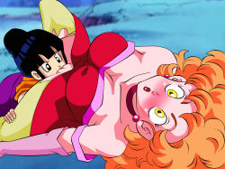  2girls bare_shoulders black_eyes black_hair blush breasts chi-chi_(dragon_ball) choker cleavage cleft_of_venus couple crotch_cutout cunnilingus curly_hair dicasty dragon_ball dragonball_z dress earrings elbow_gloves eyelashes female_focus gloves hair_bun highres jewelry leg_grab lipstick long_hair makeup mature_female miss_piiza multiple_girls nose_blush open_mouth oral orange_hair outdoors piiza pussy red_dress red_lips short_hair sidelocks single_hair_bun spread_legs surprised torn_clothes uncensored wide-eyed yellow_eyes yuri 