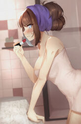 1girl angry aozaki_aoko bathroom blue_eyes blurry blurry_background blush breasts brown_hair cactus glaring large_breasts lipstick looking_at_viewer mahou_tsukai_no_yoru makeup mintshiiii plant potted_plant sideboob sink tile_wall tiles towel type-moon watermark