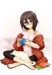  10s 1girl animal animal_on_lap barefoot black_hair black_leggings blanket book brown-framed_eyewear brown_eyes brown_hair cat colorized cuteg glasses hair_between_eyes highres holding holding_book image_sample inaba_himeko indian_style kokoro_connect leggings long_legs looking_at_viewer off-shoulder_shirt off_shoulder official_art on_lap open_book shirt short_hair sitting sitting_on_lap sitting_on_person solo von-cx white_cat  rating:Sensitive score:16 user:clannadman