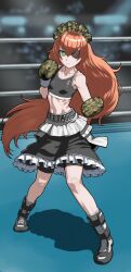  boxing boxing_gloves boxing_ring camouflage camouflage_gloves camouflage_headwear crosshair_pupils cz2128_delta eyepatch green_eyes highres looking_at_viewer orange_hair overlord_(maruyama) rggr skirt sports_bra  rating:General score:11 user:Meklord_Emperor_Wisel