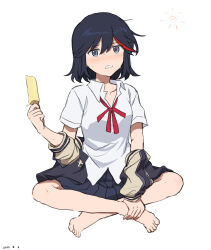  1girl absurdres barefoot black_hair collared_shirt dated food highres holding holding_food holding_own_foot holding_popsicle hot indian_style kill_la_kill matoi_ryuuko multicolored_hair off_shoulder popsicle red_hair school_uniform shirt short_hair sitting small_sweatdrop solo sun_symbol sweat takatisakana two-tone_hair white_shirt 