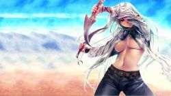  1girl belt breasts dagger denim dual_wielding highres holding jeans knife large_breasts long_hair looking_at_viewer navel no_bra open_clothes open_shirt original pants parted_lips red_eyes rezi shirt solo standing tan underboob weapon white_hair  rating:Sensitive score:24 user:Chu2