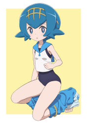  1girl :o bare_arms bare_shoulders barefoot blue_eyes blue_hair blush breasts clothes_pull commentary_request creatures_(company) feet full_body game_freak gensei00 hair_ornament highres lana_(pokemon) nintendo open_mouth pants pants_pull pokemon pokemon_sm shirt short_hair simple_background sleeveless sleeveless_shirt small_breasts solo swimsuit swimsuit_under_clothes yellow_background 