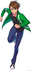  1boy ben_10 ben_10:_alien_force ben_tennyson brown_hair full_body fusionfall green_eyes highres looking_at_viewer male_focus official_art omnitrix running smile solo white_background 