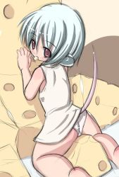  animal_ears blush cheese clothes_lift dress dress_lift food grey_hair kourourin looking_at_viewer looking_back mini_person minigirl mouse_ears mouse_tail panties tail underwear  rating:Questionable score:9 user:InnocentSuccubus