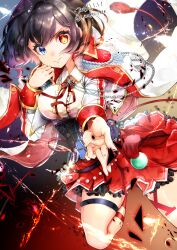  aiguillette aisha_(shironeko_project) bow bowtie breasts cape corset epaulettes gloves half_gloves heterochromia highres long_sleeves medium_breasts miruko_tete outstretched_arm red_bow red_bowtie red_skirt shironeko_project skirt white_cape 
