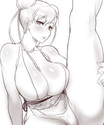 1girl alternate_costume bare_shoulders breasts capcom chun-li cleavage double_bun hair_bun highres huge_breasts leg_lift leg_up looking_at_viewer monochrome naso4 parted_lips pelvic_curtain short_hair simple_background solo street_fighter street_fighter_iv_(series) thick_thighs thighs white_background rating:Sensitive score:92 user:danbooru