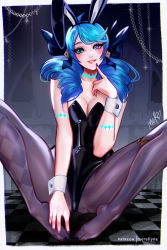 1girl alternate_costume animal_ears artist_name bare_shoulders black_bow black_leotard blue_hair bow breasts cleavage drill_hair fake_animal_ears gwen_(league_of_legends) hair_bow hand_up heterochromia highres league_of_legends leotard long_hair merellyne nail_polish no_shoes pantyhose pink_nails playboy_bunny purple_nails signature smile solo strapless strapless_leotard striped_clothes striped_pantyhose toenail_polish toenails twin_drills wrist_cuffs rating:Sensitive score:50 user:danbooru