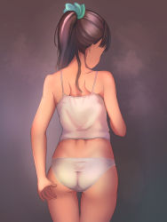  1girl ass brown_hair camisole from_behind grey_background highres loli long_hair original panties ponytail simple_background solo thigh_gap underwear underwear_only white_camisole white_panties yubata  rating:Questionable score:235 user:danbooru