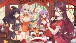  4girls :d animal_costume antenna_hair artist_request bandages baozi bare_shoulders benghuai_xueyuan black_eyes black_hair blue_eyes breasts china_dress chinese_clothes cleavage closed_mouth door dress drill_hair eating food hair_between_eyes hair_ornament highres holding homu_(honkai_impact) honkai_(series) honkai_impact_3rd houraiji_kyuushou indoors kiana_kaslana lion_costume long_hair looking_at_viewer moneybag multiple_girls official_art one_eye_closed open_mouth ponytail purple_hair raiden_mei red_eyes red_hair sirin_(benghuai_xueyuan) sitting smile table thumbs_up twin_drills vase white_hair window yellow_eyes  rating:Sensitive score:4 user:danbooru