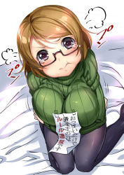  10s 1girl :t ajishio angry arms_under_breasts black_pantyhose breast_lift breasts brown_hair crossed_arms female_focus fume glasses grey_eyes koizumi_hanayo large_breasts long_sleeves looking_at_viewer looking_over_eyewear love_live! love_live!_school_idol_project motion_lines no_pants pantyhose pout puffy_cheeks purple_eyes ribbed_sweater short_hair sign sitting solo sweater tears translated wariza  rating:Sensitive score:28 user:danbooru