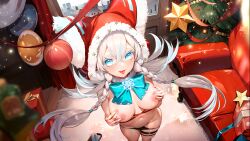  1girl ark_re:code blue_eyes breast_hold breasts christmas cosma_(ark_re:code) game_cg highres large_breasts nipples solo tongue tongue_out white_hair  rating:Questionable score:8 user:Erogon