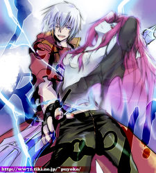 00s 1boy 1girl :d asterl axe breasts capcom convenient_censoring dante_(devil_may_cry) devil_may_cry devil_may_cry_(series) devil_may_cry_3 closed_eyes long_hair long_sleeves looking_at_viewer monster_girl nevan open_mouth pale_skin pants purple_hair puyoko short_hair sideboob smile standing vampire weapon white_hair 